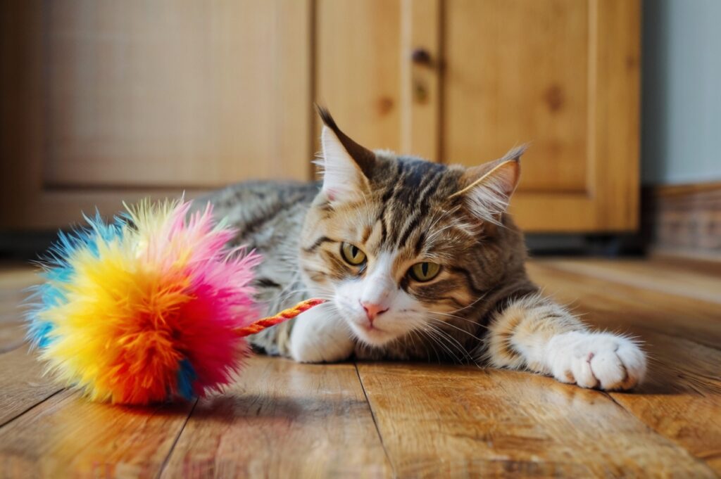 Leonardo_Kino_XL_a_playful_cat_lying_on_its_side_on_a_wooden_f_2